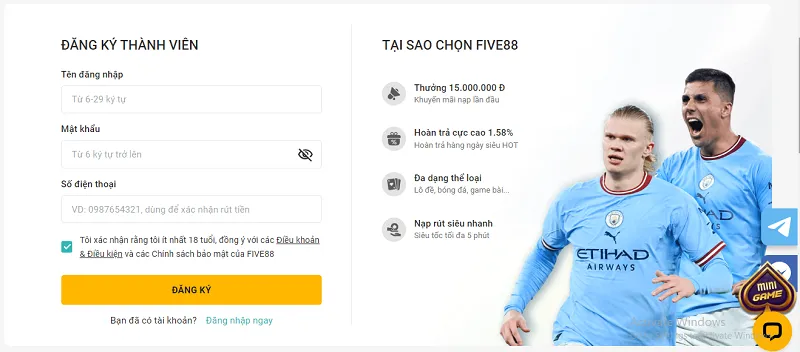 Tạo tài khoản thành viên để nhận thưởng tại Five88